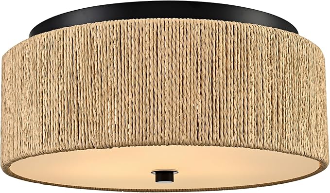 YUBOLE Woven Ceiling Light 3-Light Bohemian Flush Mount Ceiling Light with Paper Hemp Rope Drum Shade for Bedroom Hallway Bathroom Dining Room-Black & Brown