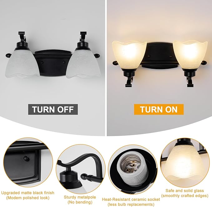 Bathroom Light Fixtures (2-Light, 15 Inch), Matte Black Vanity Lights for Bathroom with White Frosted Glass Shade, Modern Vanity Wall Lights for Mirror Bedroom Living Room Kitchen Hallway Porch