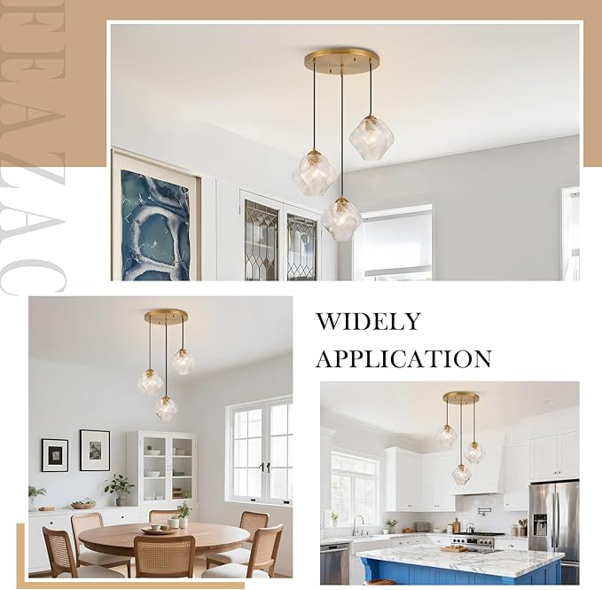 3-Light Cluster Pendant Lights, Mid Century Modern Cluster Chandelier with Ribbed Glass, Brass Gold Pendant Lighting for High Ceiling, Kitchen Island, Staircase, Dining Room, Living Room