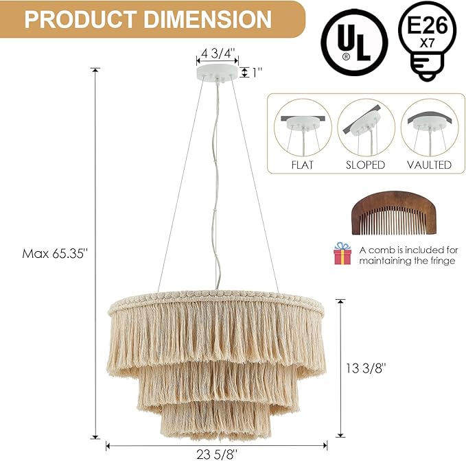 24” Fringe Chandelier with Tassels 3-Tier Boho Hand Woven Pendant Light for Dining Room Kitchen Island Living Room Foyer, UL Listed