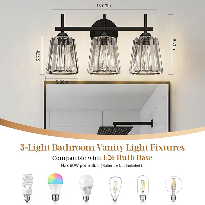 Crystal Bathroom Light Fixtures Over Mirror, Black 3-Light Bathroom Vanity Lights Over Mirror Modern Wall Lighting Sconces with Ceramic E26 Base (Bulbs Not Include)