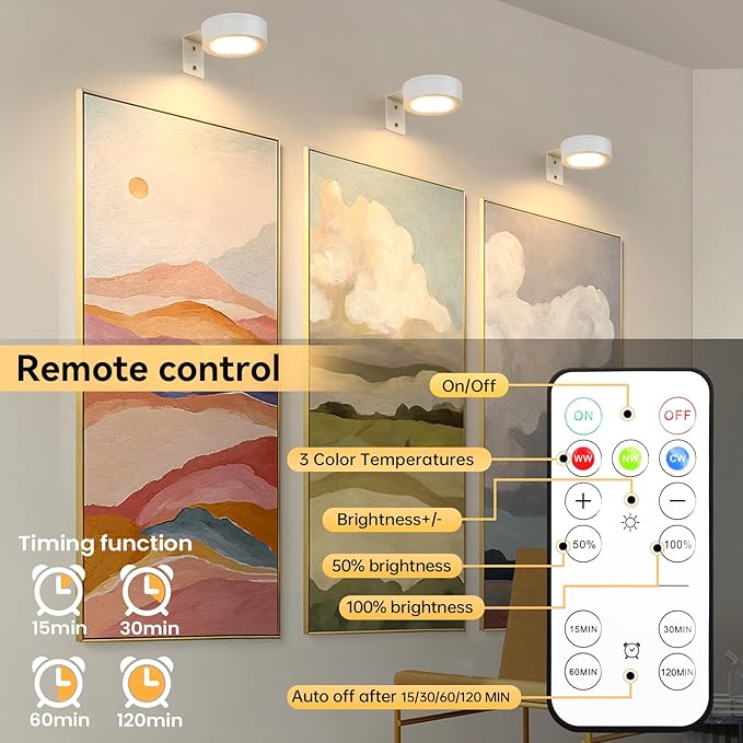 4-Pack Battery Picture Lights, Remote Painting Light for Art Disaplay,Magnetic LED Wall Picture Light, Dimmable & Timer, 3 Lighting Modes Art Display Light for Gallery Dartboard Frame Pictures, White