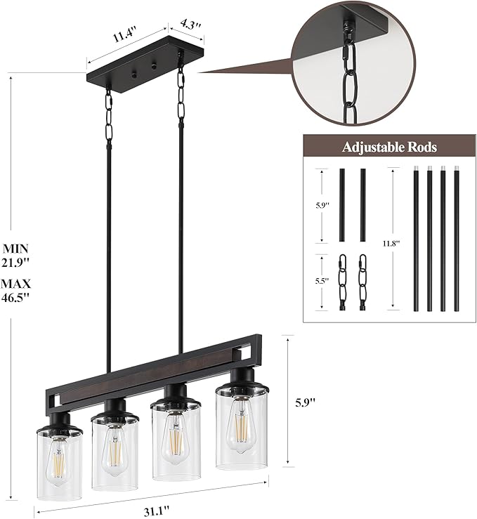 Farmhouse Dining Room Light Fixture, 4-Light Wood Kitchen Island Lighting for Dining Room Over Table, Black Adjustable Pendant Light with Clear Glass Shades, Linear Chandeliers Lighting for Kitchen
