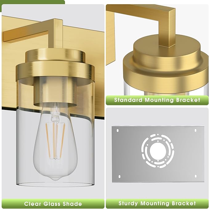 Espird Bathroom Lighting Fixtures, 3-Light Bathroom Vanity Lights Over Mirror, Brass Vanity Light with Glass Shade, Modern Vanity Lighting Fixtures for Bedroom, Hallway