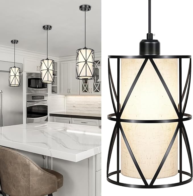 Matte Black Pendant Light, Adjustable Height Island Lights for Kitchen with Linen Shade, Modern Kitchen Pendant Lighting Over Island, Dining Room, and Living Room