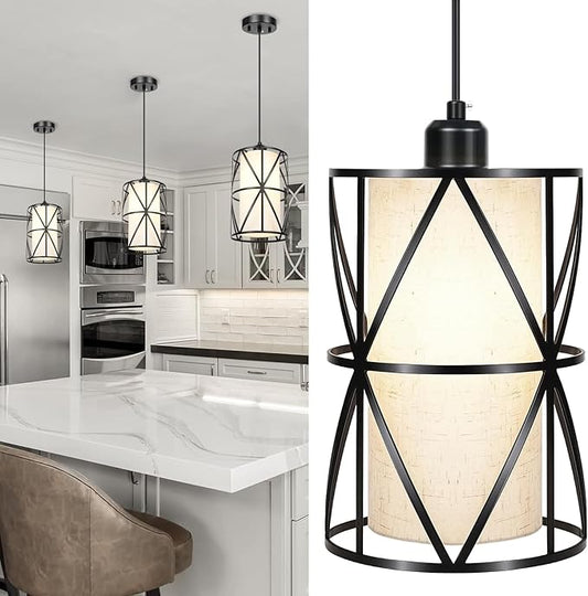 Matte Black Pendant Light, Adjustable Height Island Lights for Kitchen with Linen Shade, Modern Kitchen Pendant Lighting Over Island, Dining Room, and Living Room