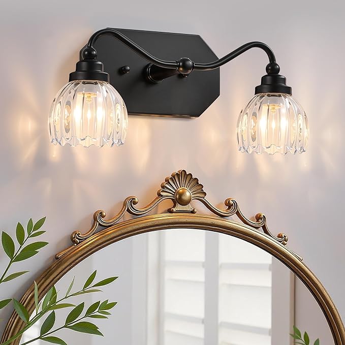 Vintage Bathroom Light Fixtures, 2 Light Bathroom Vanity Light, Black Matte Antique Brass Finish with Crystal Glass Shade, Mid Century Wall Sconces for Bedroom, Living Room, Hallway