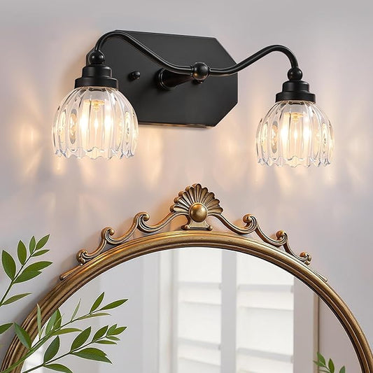 Vintage Bathroom Light Fixtures, 2 Light Bathroom Vanity Light, Black Matte Antique Brass Finish with Crystal Glass Shade, Mid Century Wall Sconces for Bedroom, Living Room, Hallway