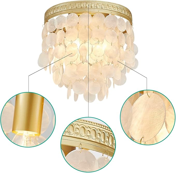 Modern Capiz Shell Ceiling Light, Costal Design, Close to Ceiling Light Fixture for Dining Room, Living Room, Bedroom, Hallway, Foyer, Gold Finish Frame, 3*E12 Socket, D12.6*H12.6 inches