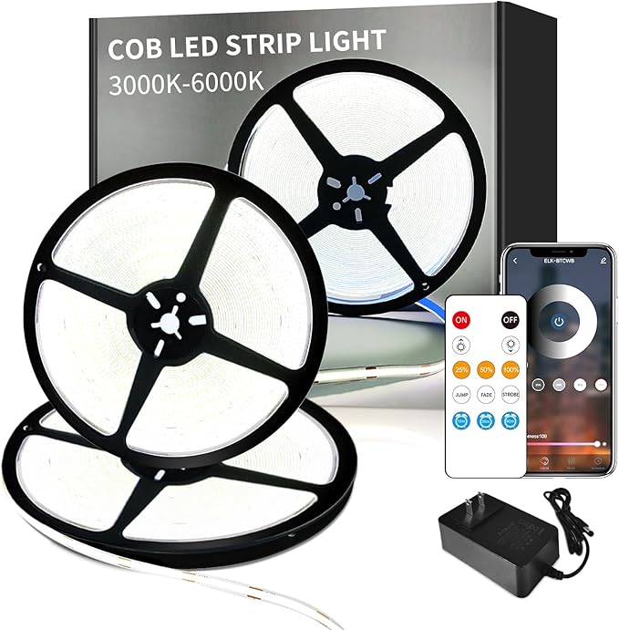 100ft COB LED Strip Lights 6000K White Dimmable DC 24V Flexible LED Tape Light for Bedroom, with Remote and app Control LED Light Strip,for DIY Home Decoration(2 Rolls of 50ft)