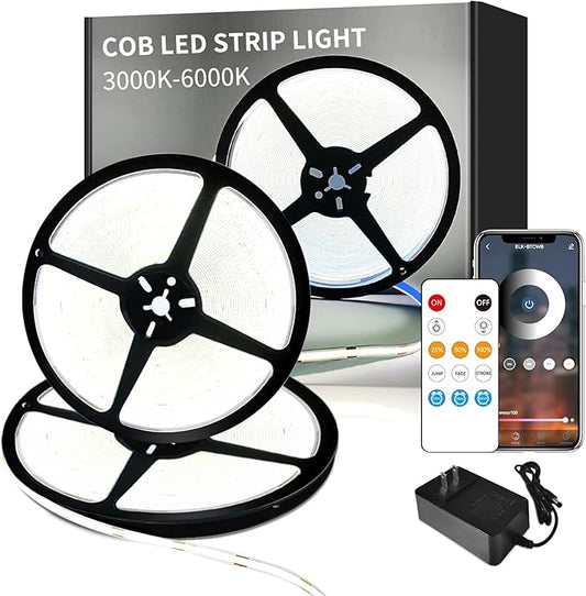 100ft COB LED Strip Lights 6000K White Dimmable DC 24V Flexible LED Tape Light for Bedroom, with Remote and app Control LED Light Strip,for DIY Home Decoration(2 Rolls of 50ft)