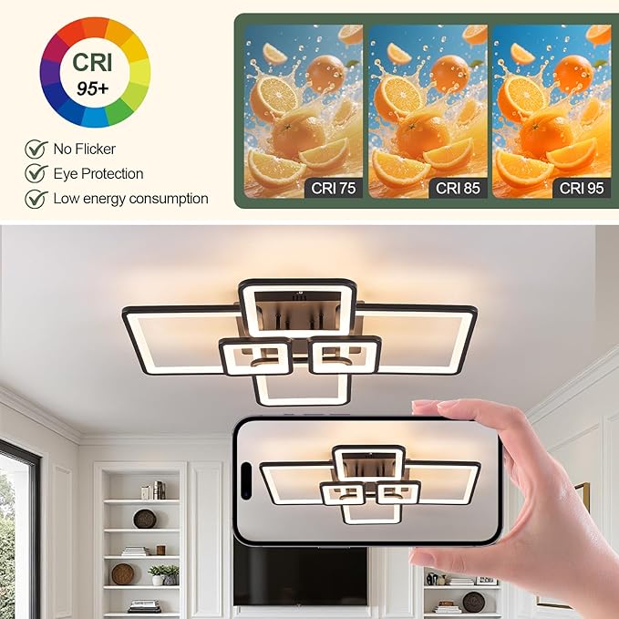Modern Ceiling Lights 31" 75W, Dimmable Kitchen Lighting Fixtures Ceiling, 3000-6500K Light Fixture Ceiling Mount with Remote Control, Black Square LED Ceiling Light for Bedroom