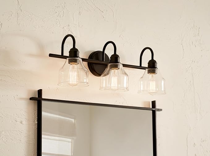 Kichler Avery 24" 3-Light Bathroom Vanity Light Fixture with Clear Seeded Glass in Black for Modern Industrial Farmhouse Style, Wall Mount Over Mirror (24" x 9.5" x 8.25"), 45973BK