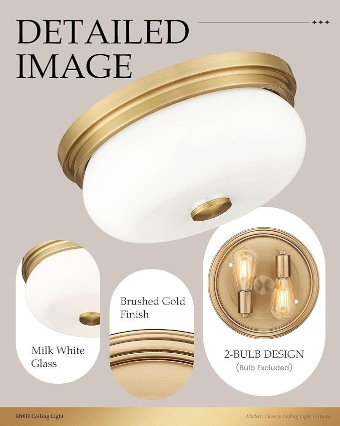 Gold Flush Mount Ceiling Light, HWH Modern Flush Mount Ceiling Light Fixtures with Milk White Glass, 12 Inch Indoor Ceiling Light for Hallway Corridor Kitchen, 5HJX109F BG-MW