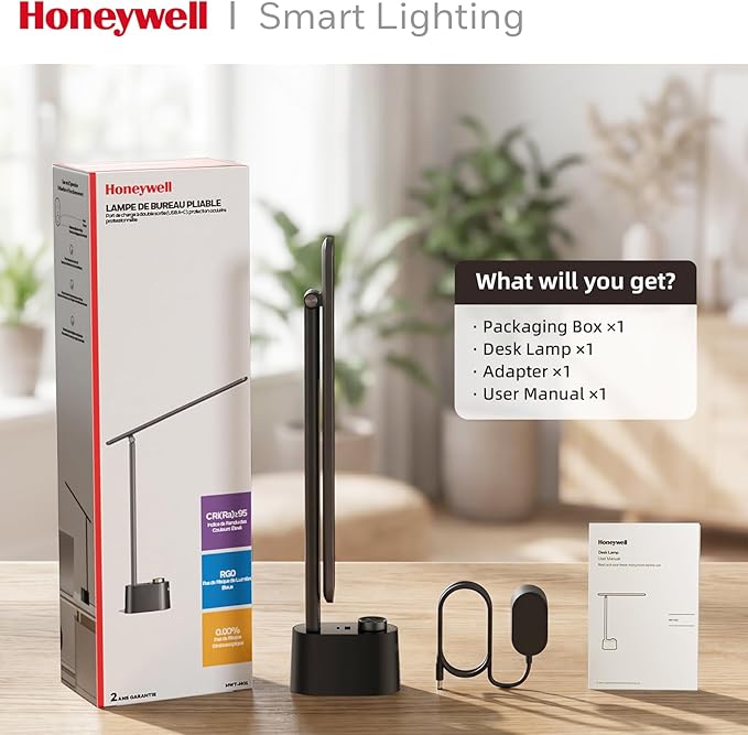 Honeywell LED Desk Lamp - Sunturalux Desk Lamps for Home Office with USB A+C Charging Ports, Stepless Dimmable Eye-Caring Foldable Desk Light for Table Bedroom Bedside Reading(Black)