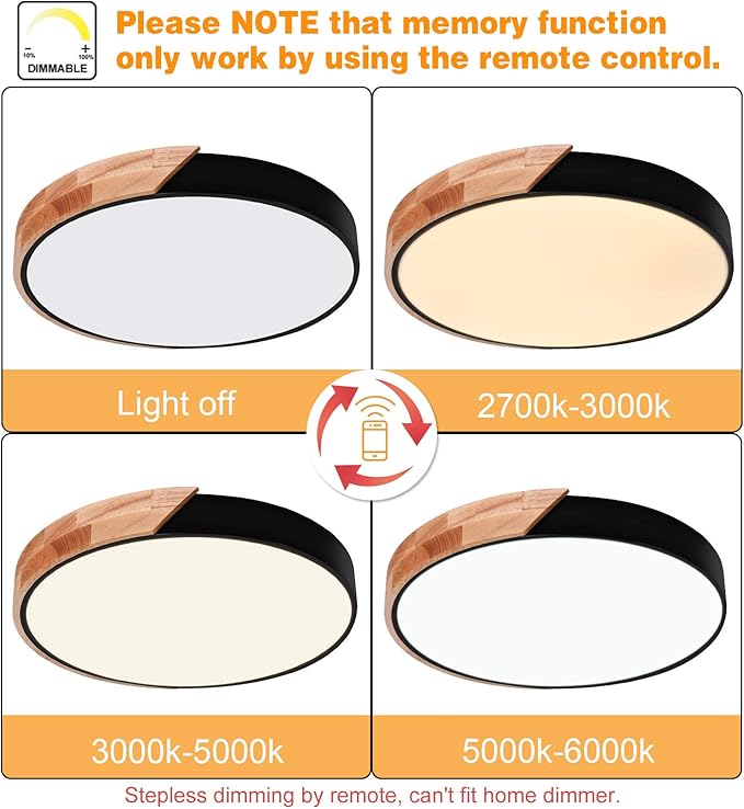 EDISLIVE Ceiling Light Dimmable 19 inch Modern Minimalist LED Round Shaped Wood & Metal & Acrylic Flush Mount Ceiling Light with Remote Control Black