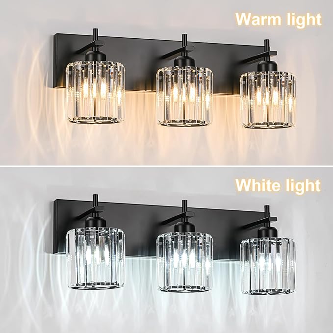 Black Crystal Bathroom Vanity Lights, Modern 3-Lights Bathroom Lighting Fixtures Over Mirror, Crystal Wall Lighting with Round Shade