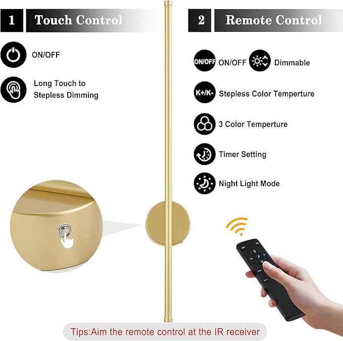 Battery Operated Modern Wall Sconces,Dimmable Wireless Wall Light Set of Two with Remote Control,3 Color Temperatures,Rechargeable LED Wall Sconce for Bedroom,Living Room,Hallway,27.6 Inch,Matte Gold