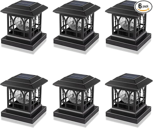 Solar Post Cap Lights, Warm White & RGB Automatic Cycling, Cracked Glass Bulb, 20 Lumens lP65 Waterproof Fit 3.6x3.6 4x4 4.5x4.5 5x5 Wood Fence Post Solar Powered Lights Black (6 Pack)