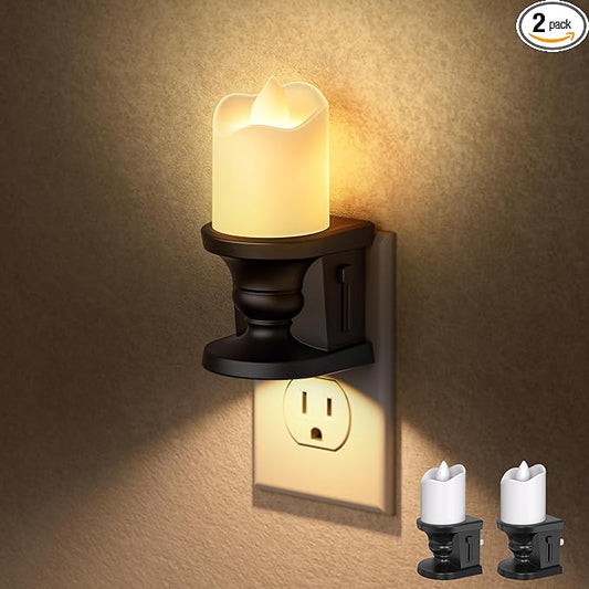 Flameless Candle Night Light, 3000K Warm White Candle Night Lights Plug into Wall, 2 Pack Nightlight with Light Sensor, 0-100LM Dimmable LED Night Light Plug in, Nightlight for Hallway Bathroom