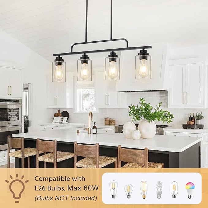 Dining Room Light Fixture - Black 4-Light Farmhouse Chandelier Kitchen Island Lights Fixtures Modern Linear Chandeliers Hanging Pendant Lighting Over Table for Dining Room
