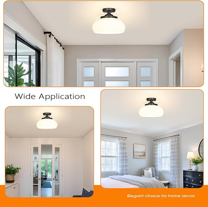 Black Semi Flush Mount Ceiling Light - Entryway Light Fixture with Triple E12 Sockets - 12" Diameter Milk White Glass Shade for Soft, Uniform Lighting - Easy Mount Installation for Any Room