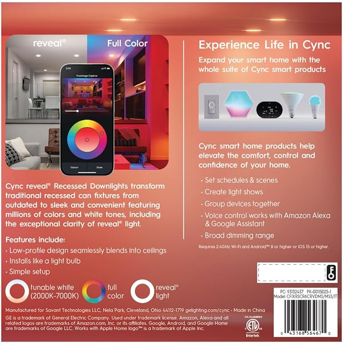 GE Cync Reveal® Smart LED Recessed Downlight, Color Changing WiFi Light, Matter Compatible, Compatible with Alexa and Google Home, 6in (3-Pack)