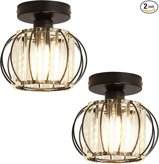 YYJLX 2 Pack Semi Flush Mount Ceiling Light Fixture Modern Small Crystal Chandelier Mini Indoor Ceiling Lamp for Bathroom Hallway Foyer Porch Hall Closet（Black）