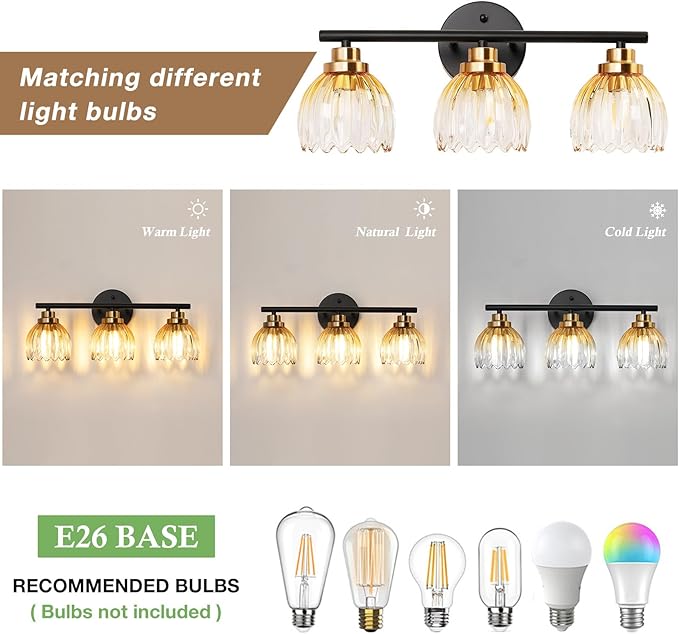 TALOYA Bathroom Vanity Light Fixtures, 3-Light Modern Black and Gold Wall Lights Over Mirror with Gradient Amber Tulip Glass Shades Bathroom Wall Lamp for Mirror, Living Room,Hallway, Farmhouse