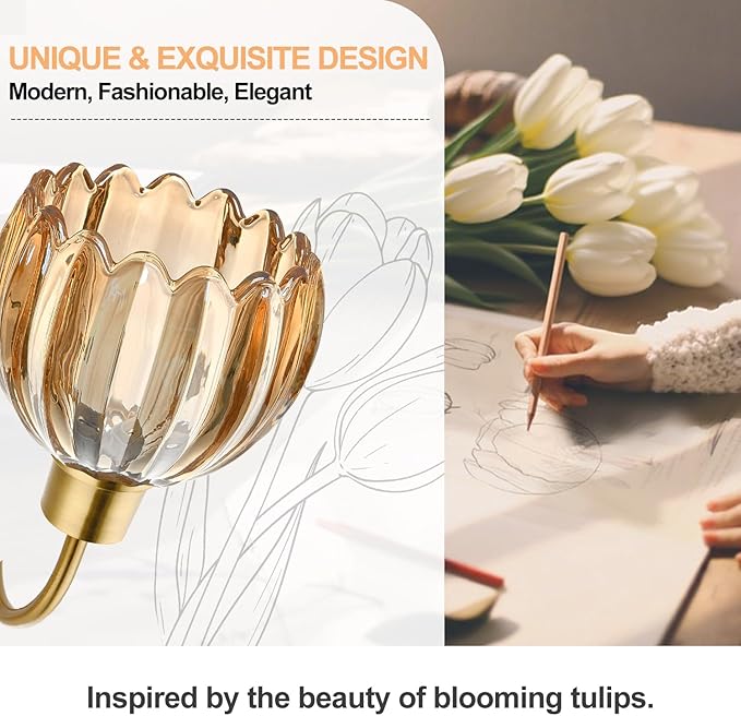 Bathroom Light Fixtures, 3-Light Brushed Gold Vanity Lights for Bathroom with Ribbed Amber Tulip Glass Shade, 20 in Bathroom Vanity Lights Over Mirror for Bedroom, Living Room, Hallway