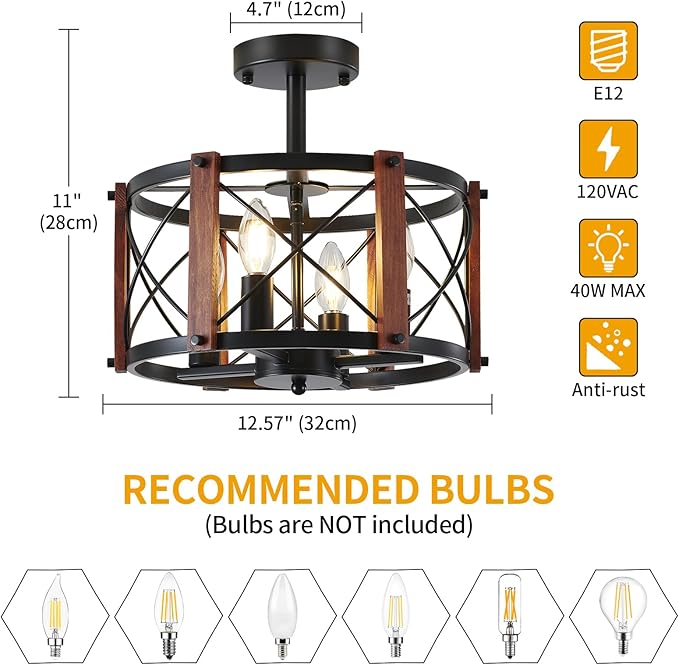 4-Light Farmhouse Wood Semi Flush Mount Ceiling Light, Black Hallway Light Fixtures, Rustic Industrial Close to Ceiling Light Fixtures for Kitchen Entryway Laundry Dining Room Ceiling Light Fixture