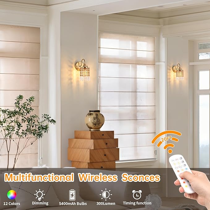 Shenmoyl Set of 2 Crystal Battery Operated Wall Sconce, Rechargeable Battery Powered Wall Lamp with Remote Control, Modern Dimmable Wall Lights for Bedroom Bathroom(Tawny, Gold Base)