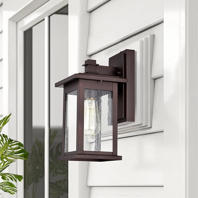 MICSIU 12.25" Dusk to Dawn Outdoor Wall Light, 100W Max Anti-Rust Bronze Exterior Sconce, Seedy Glass 12-Inch Vintage Farm Look Porch Light for Front Door, Garage, Patio