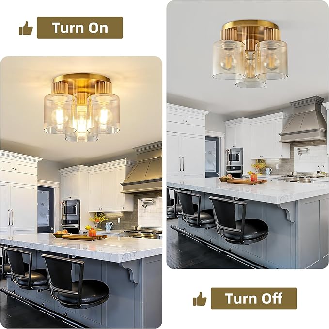 3-Lights Semi Flush Mount Ceiling Light Fixture, Gold Modern Close to Ceiling Light for Kitchen, Foyer, Entryway, Hallway, Dining Room, Amber Gradient Glass Shade with Solid Wood