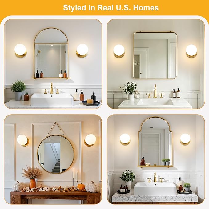 1 Pack Gold Wall Sconce, Modern Bathroom Sconce with Milky Globe Glass, Wall Light for Bathroom Mirror, Living Room, Hallway (Bulb Not Included)