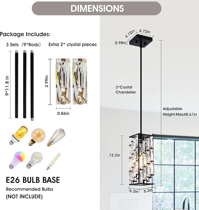 Crystal Pendant Lights Kitchen Island 3 Pack, Modern Black Chandelier Height Adjustable, Hanging Lights for Kitchen Island Dining Room Bedroom