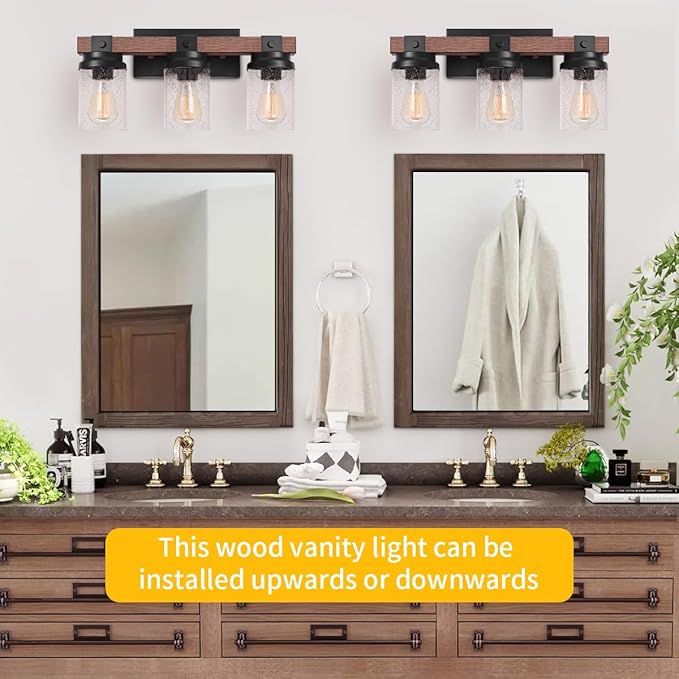 Farmhouse Vanity Light Fixtures, 3-Light Rustic Bathroom Lights Over Mirror with Pretty Glass Shade, Industrial Black Metal Wood Wall Decor Sconces for Living Room Hallway Stairway