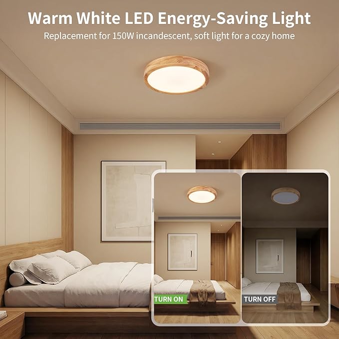 Modern LED Ceiling Light for Bedroom: Minimalist Wood Flush Mount Ceiling Light Fixture with Acrylic Lampshade - 3000K Not Dimmable Overhead Ceiling Lamps for Kitchen Hallway Living Room (11.8" Wood)