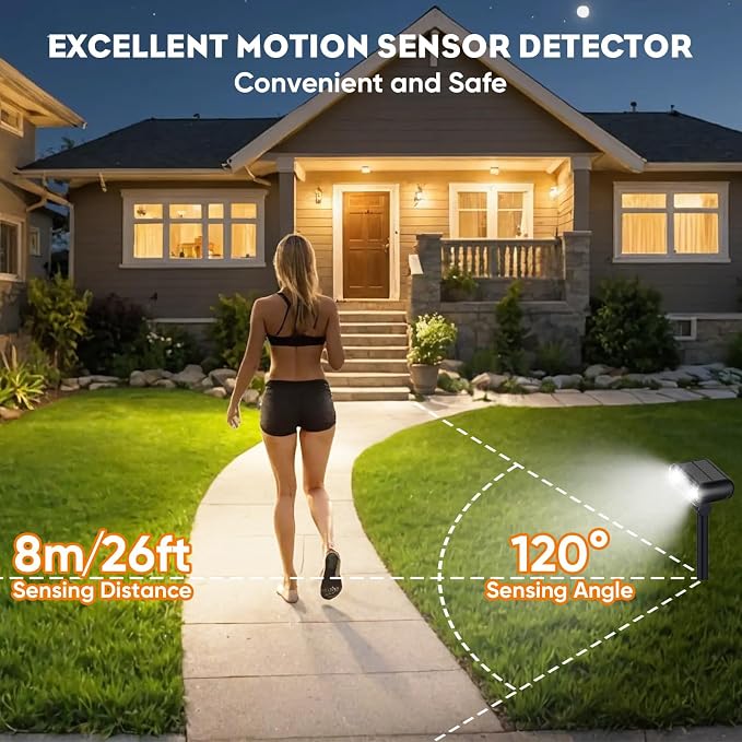 Solar Spot Lights Outdoor, 3 Modes Motion Sensor Landscape Lights, Waterproof IP67 LED Motion Security Solar Spotlights for Outside Yard Pathway Driveway Walkway, 2 Pack