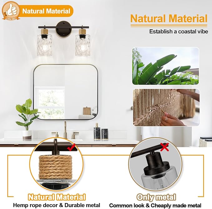 MOKATNG Bathroom Light Fixtures, 2-Light Coastal Vanity Lights with Crystal Glass Shade, Brown and Gold Bathroom Wall Lamp for Mirror Kitchen Hallway Cabinet