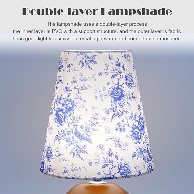 Vintage Wooden Base Fabric Table Lamp, Adjustable Light Color and Brightness with Power-Off Memory, Safe USB Powered, Retro Style LED Light for Bedroom Living Room Office (Blue Flowers)