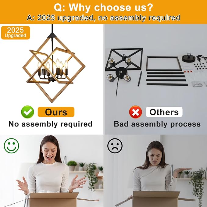 24" Modern Pendant Lights Kitchen Island, 6-Light Black + Wood Grain Farmhouse Pendant Light Fixtures, Industrial Hanging Pendant Lights Fixture for Kitchen Island Dining Room Hallway Foyer Entryway