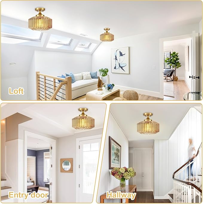 Flush Mount Light Fixture 11.02" Farmhouse 1 Light Ceiling Fixture with Amber Striped Hand Blown Glass Shade, E26 Base for Kitchen, Dining Room, Hallway