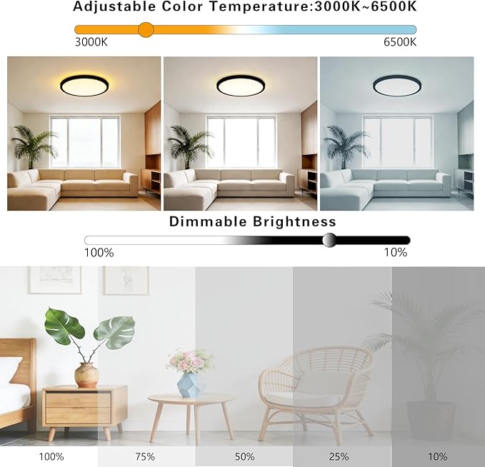 Flush Mount Ceiling Light for Bedroom： Led Ceiling Light 12 Inch - RGB Rear Color, Living Room,Black, 1-Pack