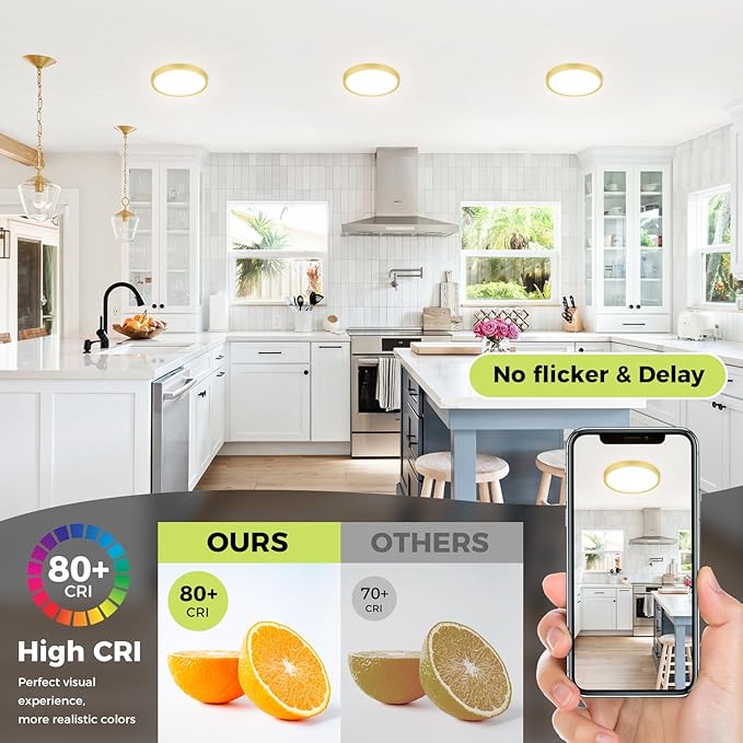 hepside LED Flush Mount Ceiling Light Fixture Golden, 7Inch 15W, Dimmable&3000K-6500K Adjustable Low Profile Ceiling Lights, 1500LM Round Lamp for Bathroom, Bedroom, Closet, Kitchen, Hallway