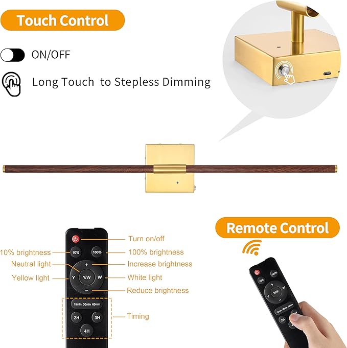 Morauroral Walnut Battery Operated Wall Sconce with Remote Control, Rechargeable Wall Sconces Set of 2, LED Wireless Wall Light, 24″ Modern Sconce Wall Decor for Background Wall, Bedroom, Living Room
