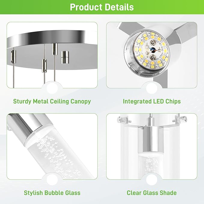hykolity 5-Light Bubble Glass Pendant Light, 3CCT Dimmable LED Chandelier, Polished Nickel Modern Hanging Ceiling Light for Kitchen Island, Dining Room, Bedroom, ETL Listed
