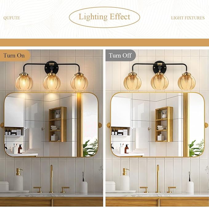 3 Light Glass Globe Wall Sconce Lights Amber Mid Century Modern Wall Light Fixtures Bathroom Vanity Lights with Ribbed Glass Shade Black Gold Wall Mount Lamp Over Mirror Bedroom