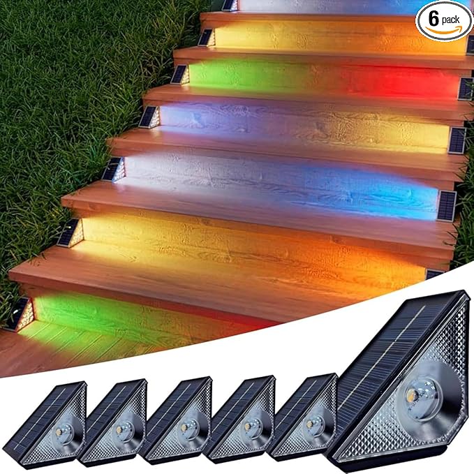 Solar Step Lights Outdoor, 6 Pack Solar Stair Lights Waterproof, Warm White/7 RGB Colors Deck Lighting for Outside Garden Stair, Deck, Fence, Front Step, Front Porch, and Patio Decor