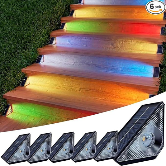 Solar Step Lights Outdoor, 6 Pack Solar Stair Lights Waterproof, Warm White/7 RGB Colors Deck Lighting for Outside Garden Stair, Deck, Fence, Front Step, Front Porch, and Patio Decor